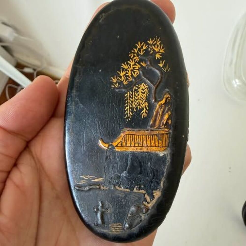 Antique Chinoiserie Lacquered Wood & Glass Trinket Box / Vanity Dish (As is)
